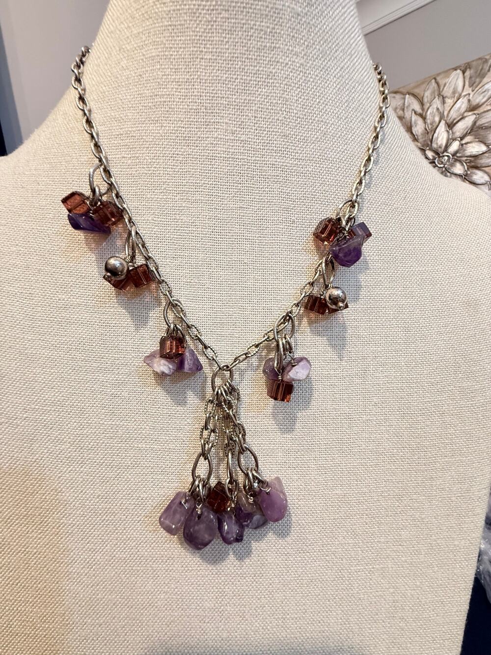 Vintage Amethyst Chip Charm Necklace 16”